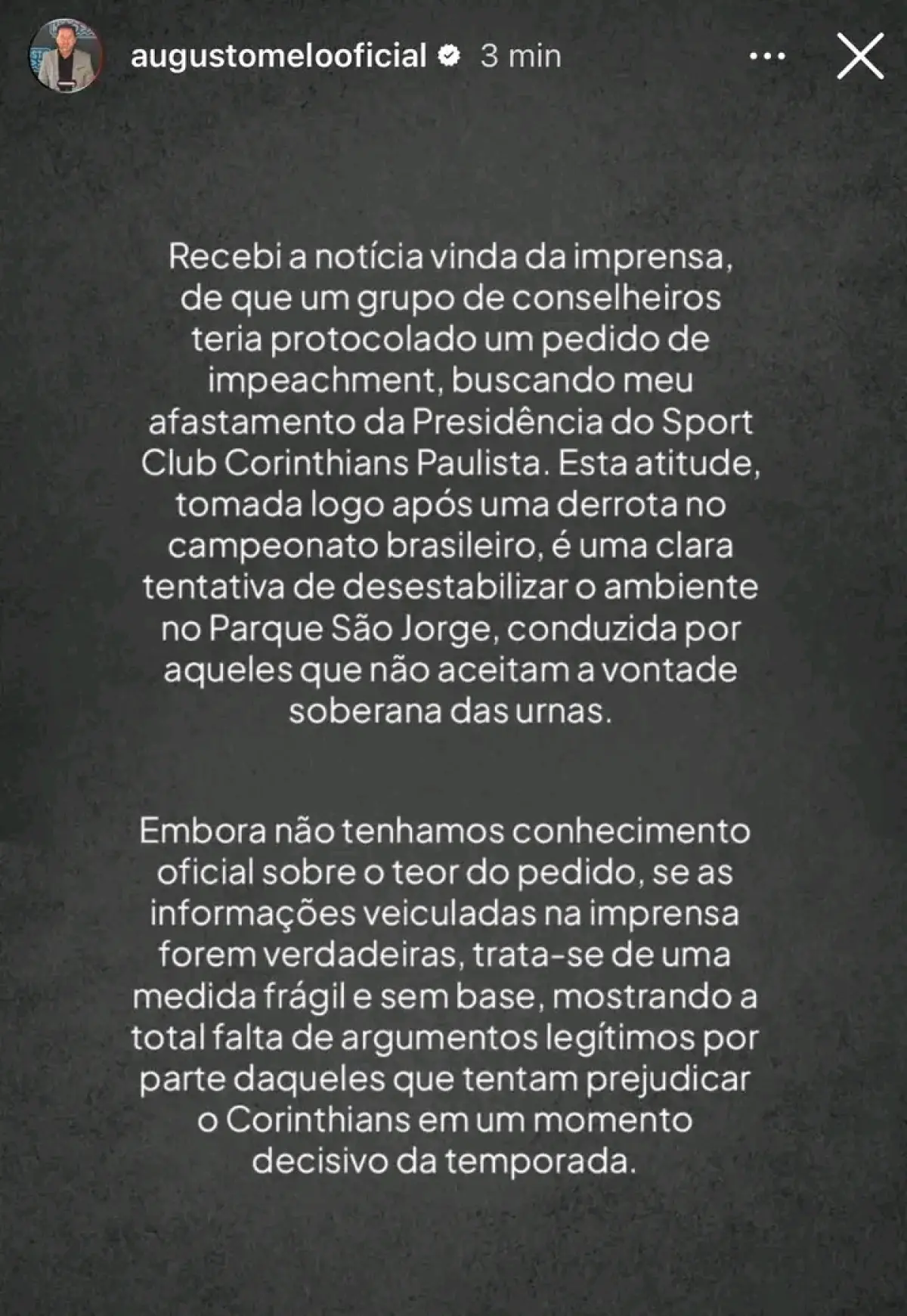 Sobre pedido de impeachment de conselheiro s, Augusto Melo respondeu